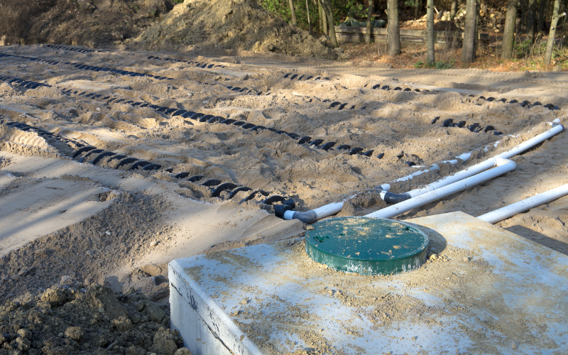 A picture of a septic tank drainage field showing the drains partially burried under sand.